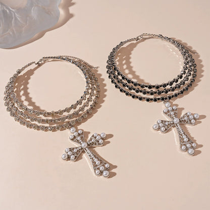 Layered Pearl Cross Necklace with Rhinestones - European Fashion