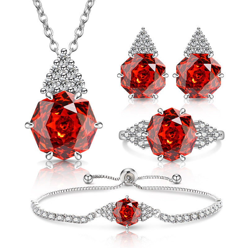 Rose Cut Jewelry Set: Sparkling High Carbon Diamond Ring Earrings Necklace Pendant Bracelet