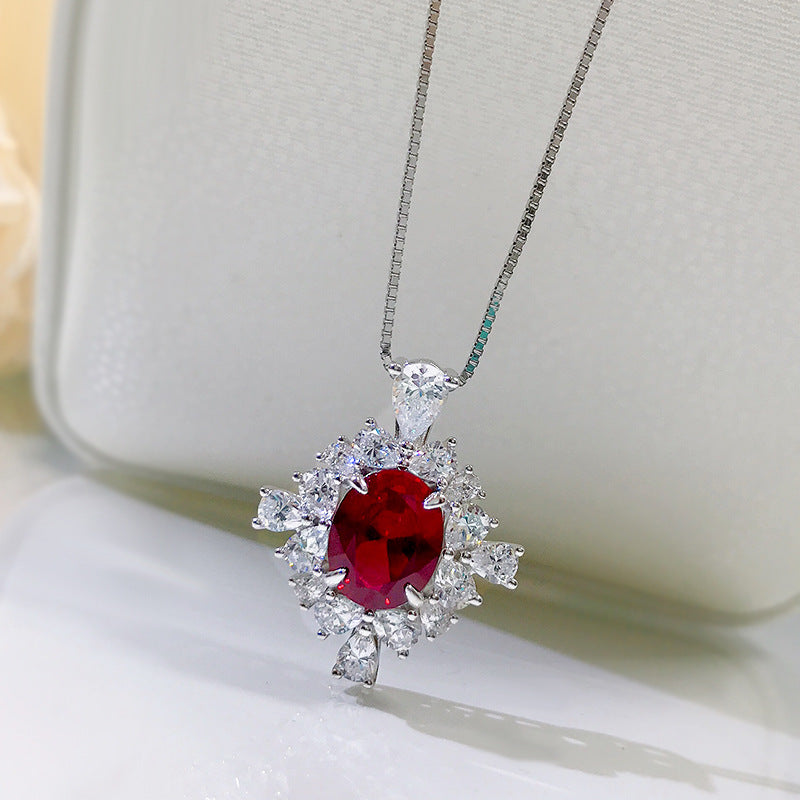925 Sterling Silver Pigeon Blood Ruby Necklace - 8x10mm Oval Halo, Vintage Style