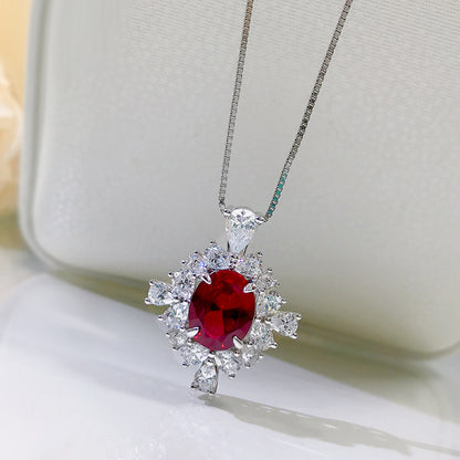 925 Sterling Silver Pigeon Blood Ruby Necklace - 8x10mm Oval Halo, Vintage Style