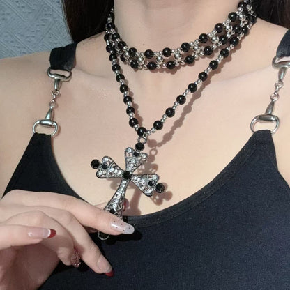 Layered Beaded Cross Choker Necklace - Sweet & Cool Style