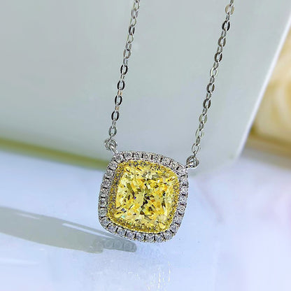 8x8 Cushion Yellow Cubic Zirconia Necklace - Gold Plated, Luxury Micro Set Pendant