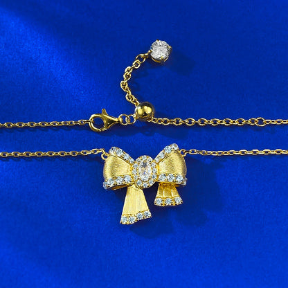 Ricady Jewel S925 Silver Gold-Plated Bow Necklace, Brushed Diamond Inlay Dainty Collar Chain