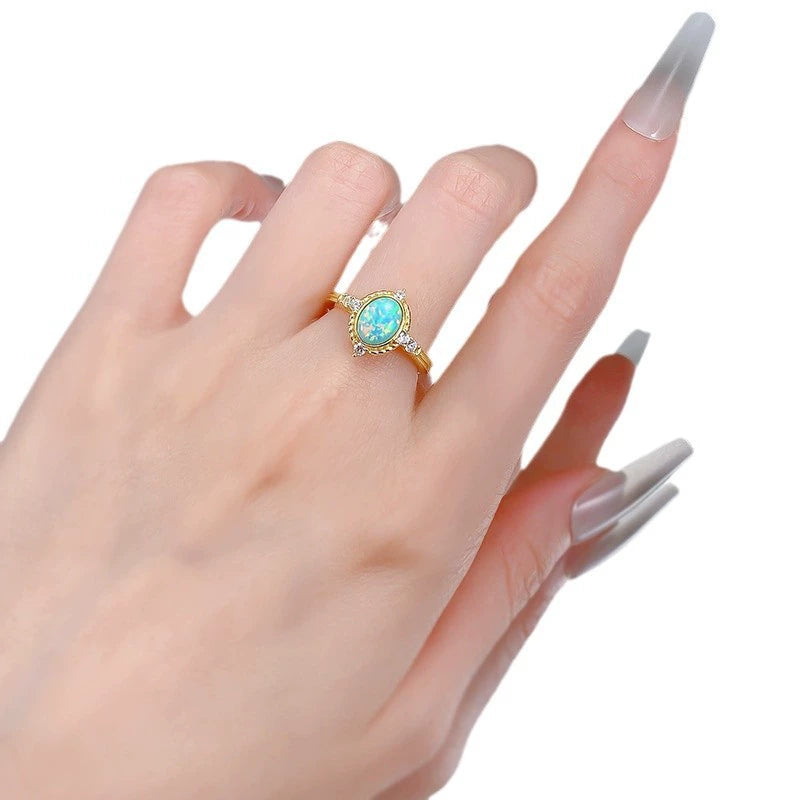 S925 Sterling Silver Gold-Plated Opal Ring | Dreamy Blue, Royal Court Style
