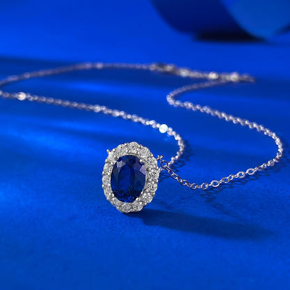 925 Silver Necklace with Blue Corundum Oval Pendant | Elegant European & American Style (40+5cm)