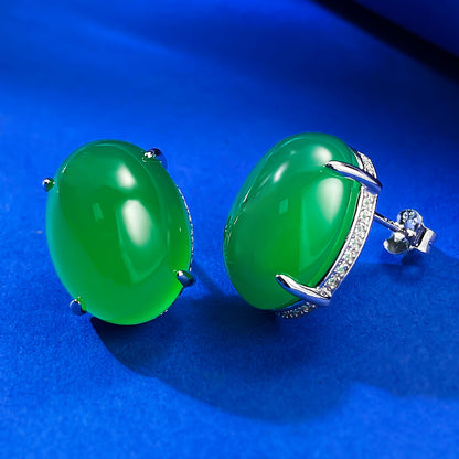 925 Silver Earrings with Full Diamond Inlay, 12*16 Simulated Chalcedony, Luxury Design
