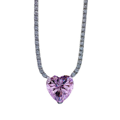 S925 Sterling Silver Pave Pink Stone Heart Necklace for Women