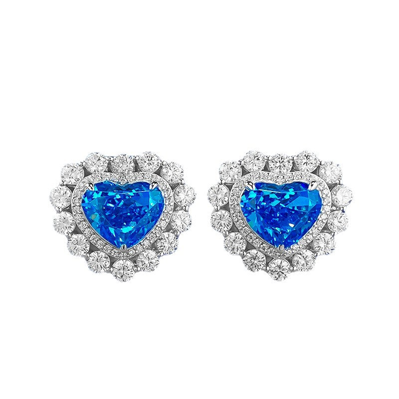 S925 Silver Heart Earrings, Micro-Inlaid Aquamarine & High Carbon Diamond