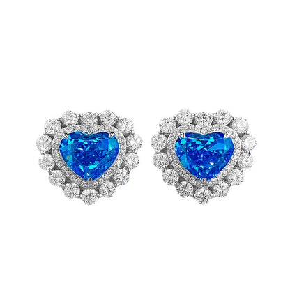 S925 Silver Heart Earrings, Micro-Inlaid Aquamarine & High Carbon Diamond