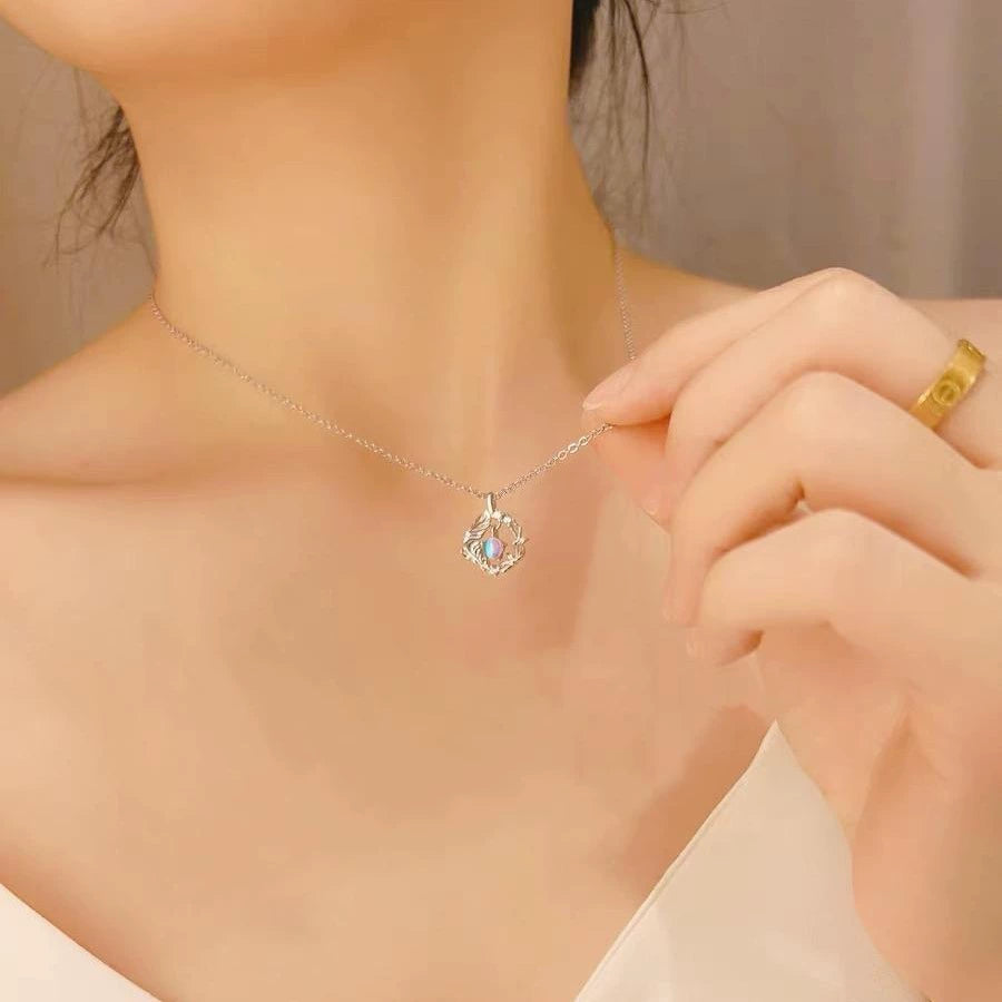 S925 Sterling Silver Eucalyptus & Bird Necklace for Women, Dainty Moonstone Pendant, Minimalist Delicate Collar Chain