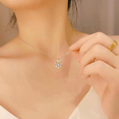 S925 Sterling Silver Eucalyptus & Bird Necklace for Women, Dainty Moonstone Pendant, Minimalist Delicate Collar Chain