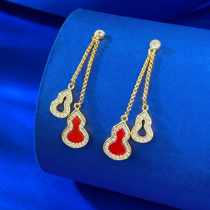 S925 Silver Red Agate Gourd Tassel Earrings - Fashion Versatile Office Style