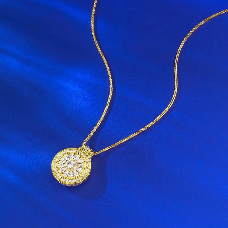 S925 Silver Chinese Compass Necklace, Double-Sided Lucky Charm, Gold Chain