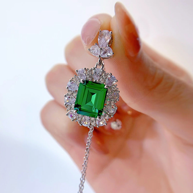 925 Sterling Silver Necklace for Women, Retro Style, 4CT Nano Green Stone Pendant (9*11mm)
