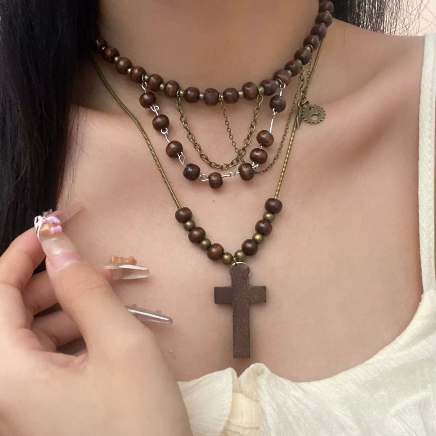 Wasteland Tribal Beaded Cross Necklace - Punk Layered Design