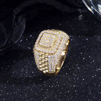 Ricady Jewel – Men's Hip-Hop Style Full Pave Cubic Zirconia Ring, Geometric Design in Silver-Tone