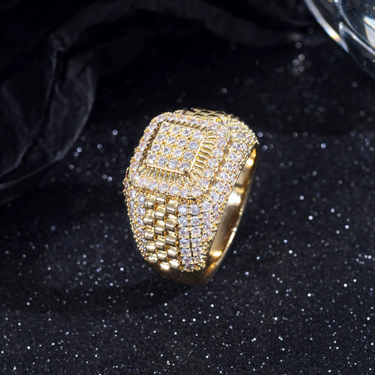 Ricady Jewel – Men's Hip-Hop Style Full Pave Cubic Zirconia Ring, Geometric Design in Silver-Tone
