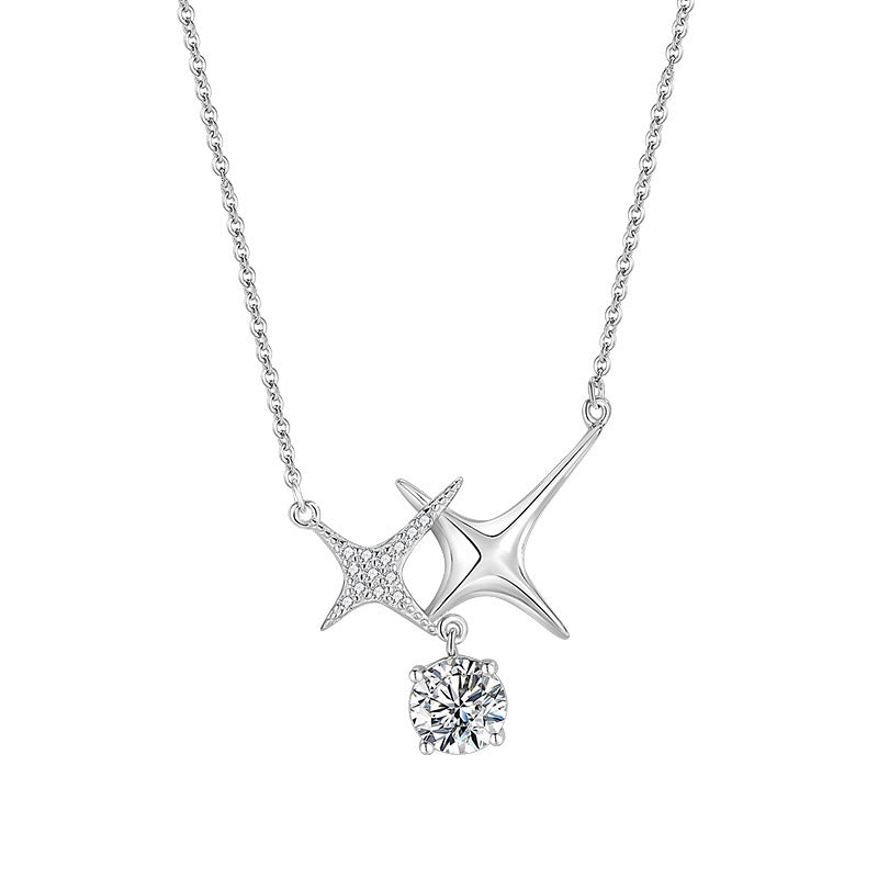 Sterling Silver Double Star Necklace with Blue Crystal for Women – Minimalist Everyday Jewelry