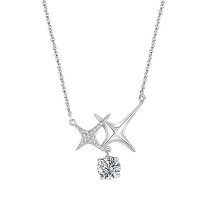 Sterling Silver Double Star Necklace with Blue Crystal for Women – Minimalist Everyday Jewelry