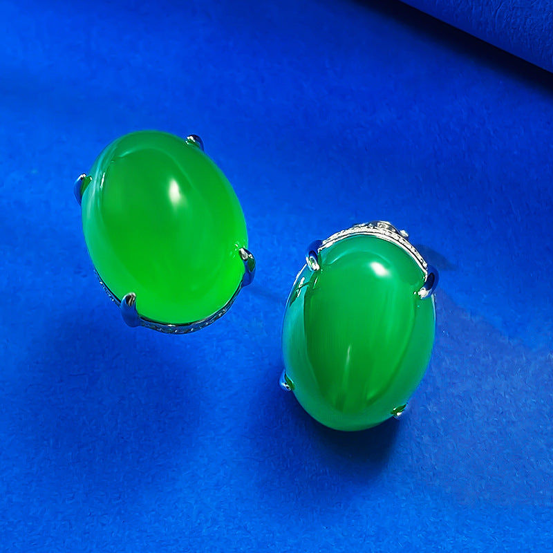 925 Silver Earrings with Full Diamond Inlay, 12*16 Simulated Chalcedony, Luxury Design