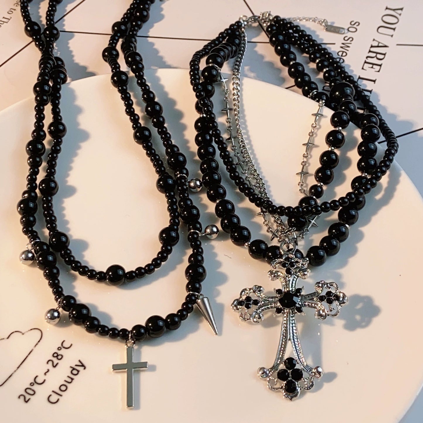 Black Pearl Beaded Cross Pendant Necklace - Fashion OL Style