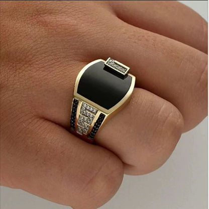 Hip-Hop Style Men's Black Diamond Ring – Enamel & Cubic Zirconia Statement Jewelry for Men