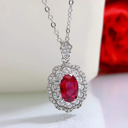 S925 Silver Simulated Ruby Necklace | 7x9mm Oval | Ins Style