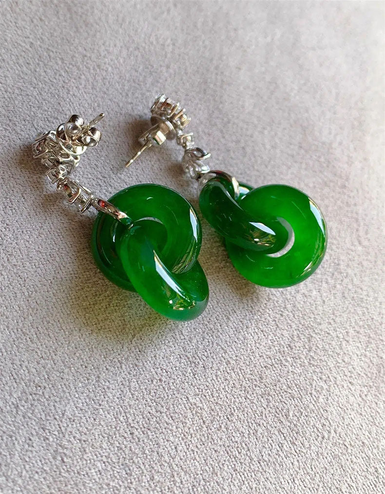 Vintage S925 Sterling Silver Natural Hetian Jade Bangle-Linked Stud Earrings | Peace Buckle Double Ring Jewelry