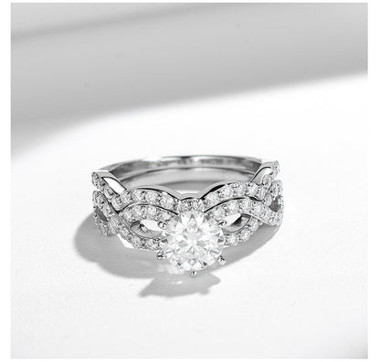 Infinity Twist Moissanite Ring with Pavé Band in White Gold Plated Silver