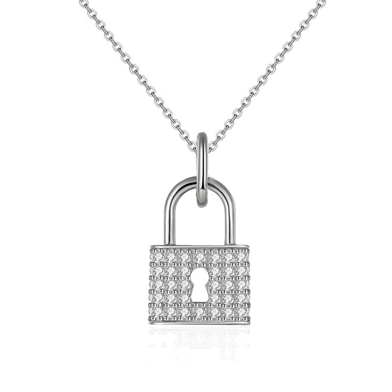 925 Silver Moissanite Lock Necklace for Women - Dainty Micro-Inlaid Pendant for Wedding & Daily Wear