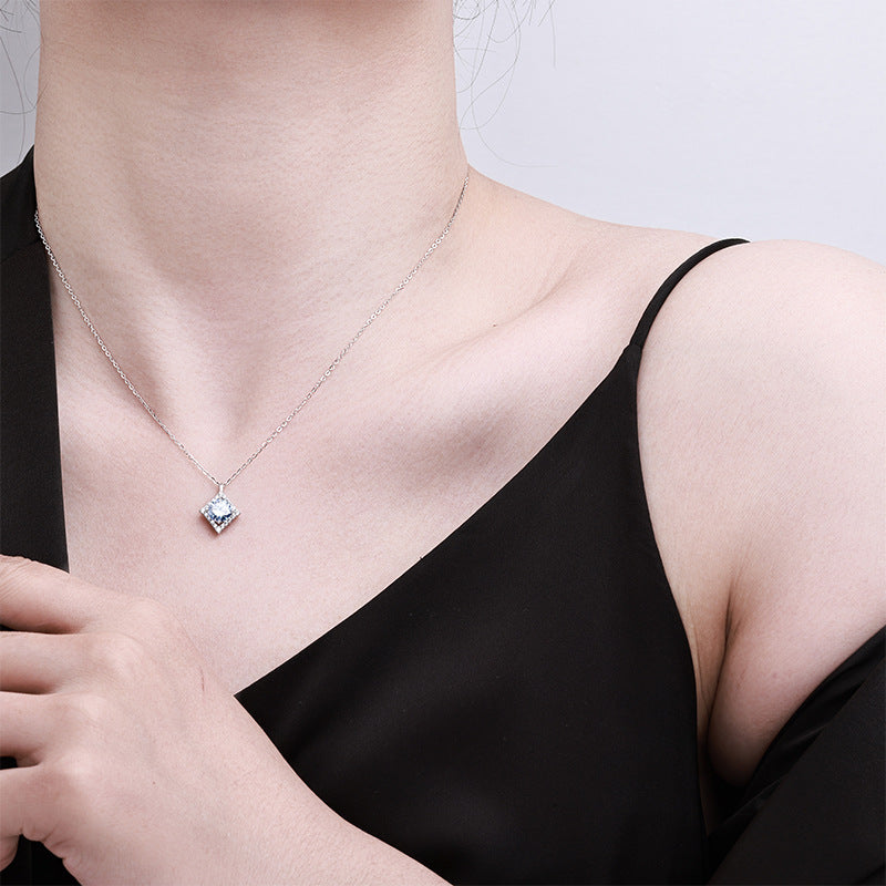 S925 Silver Sapphire Rhombus Moissanite Pendant Necklace - Elegant Clavicle Chain