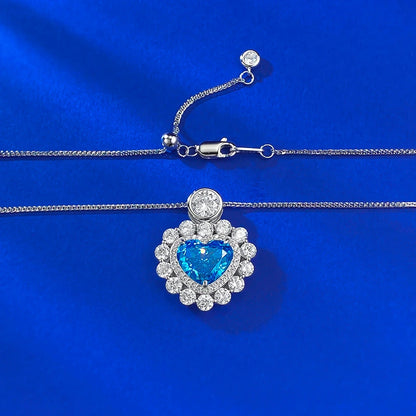 S925 Silver Quiet Heart Created Aquamarine Love Pendant Necklace