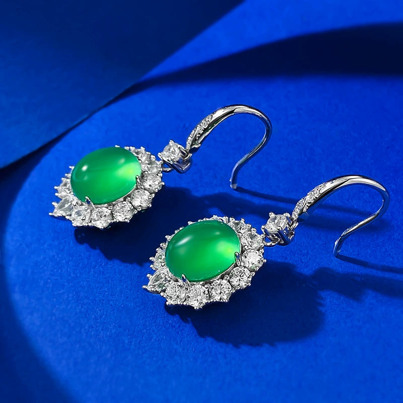 925 Silver Stud Earrings, 8x10mm Simulated Green Chalcedony, Luxury Inlay Design