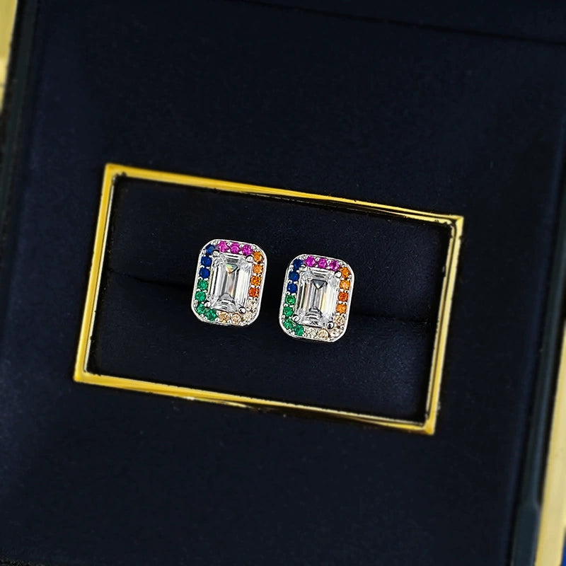 925 Sterling Silver Rainbow Square Stud Earrings with 4*6 White Zircon - Trendy & Elegant