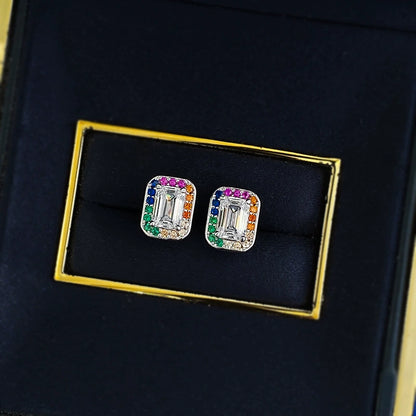 925 Sterling Silver Rainbow Square Stud Earrings with 4*6 White Zircon - Trendy & Elegant