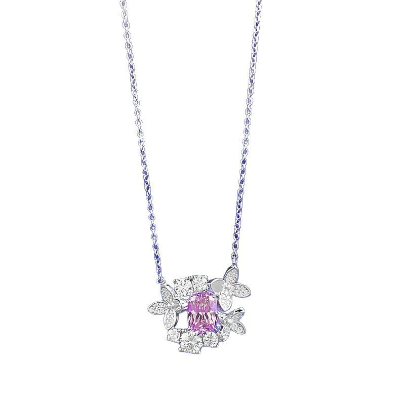 S925 Silver Butterfly Necklace with Pink-Purple Crystals | Elegant Layering