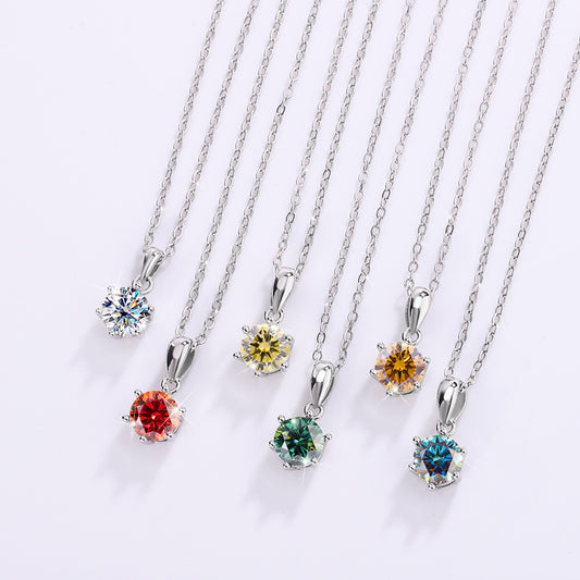 Carat Moissanite 6-Prong Pendant Necklace - 925 Sterling Silver Simulated Diamond Clavicle Chain for Women