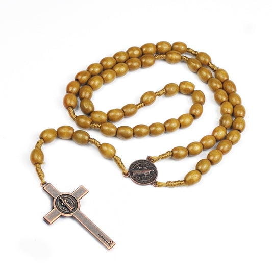 Handwoven Wood Cross Bead Necklace - Natural Artisan Design