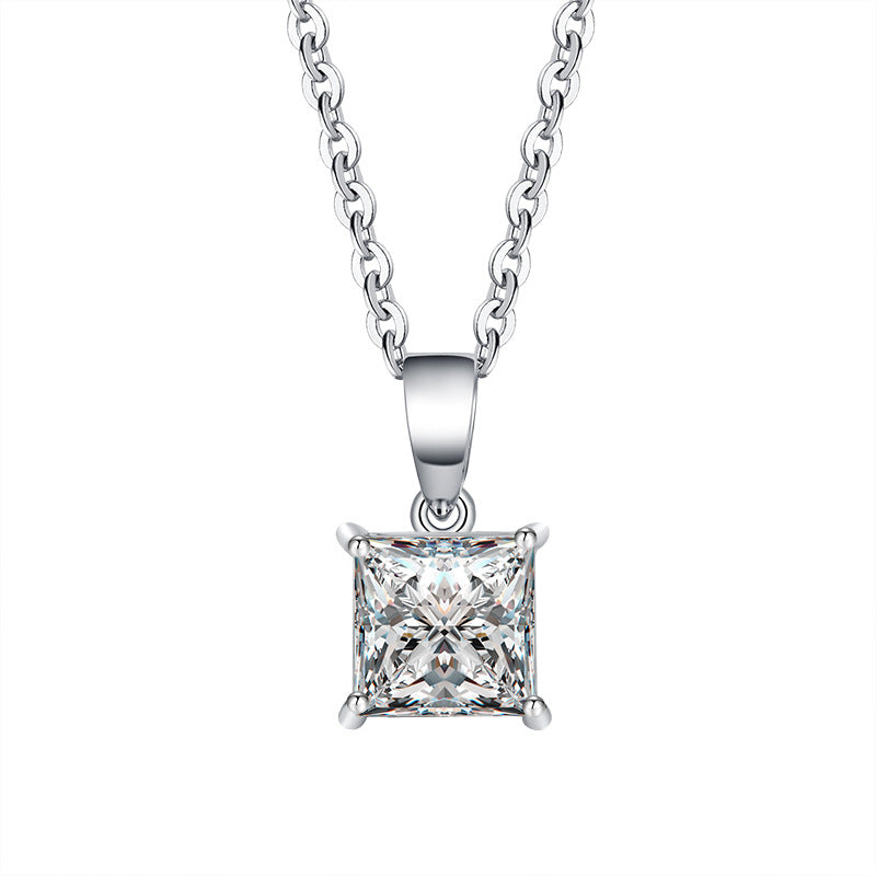 Ricady Jewel S925 Sterling Silver 4-Prong Princess Cut Moissanite Pendant - Women's Versatile High-End Clavicle ChainHigh-End Clavicle Chain