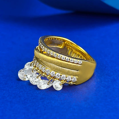 S925 Silver Gold-Plated Ring | Diamond Tassel Brushed Triple Band Glamorous Style