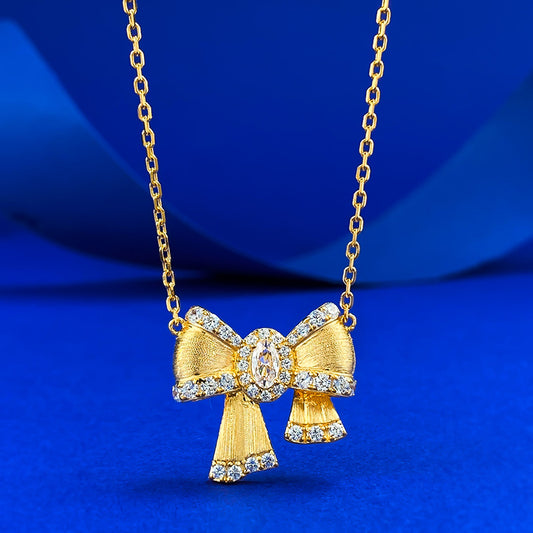 Ricady Jewel S925 Silver Gold-Plated Bow Necklace, Brushed Diamond Inlay Dainty Collar Chain