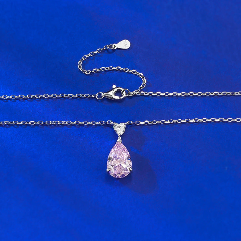S925 Silver Pink Diamond Pear-Shaped Heart Necklace | Elegant Minimalist