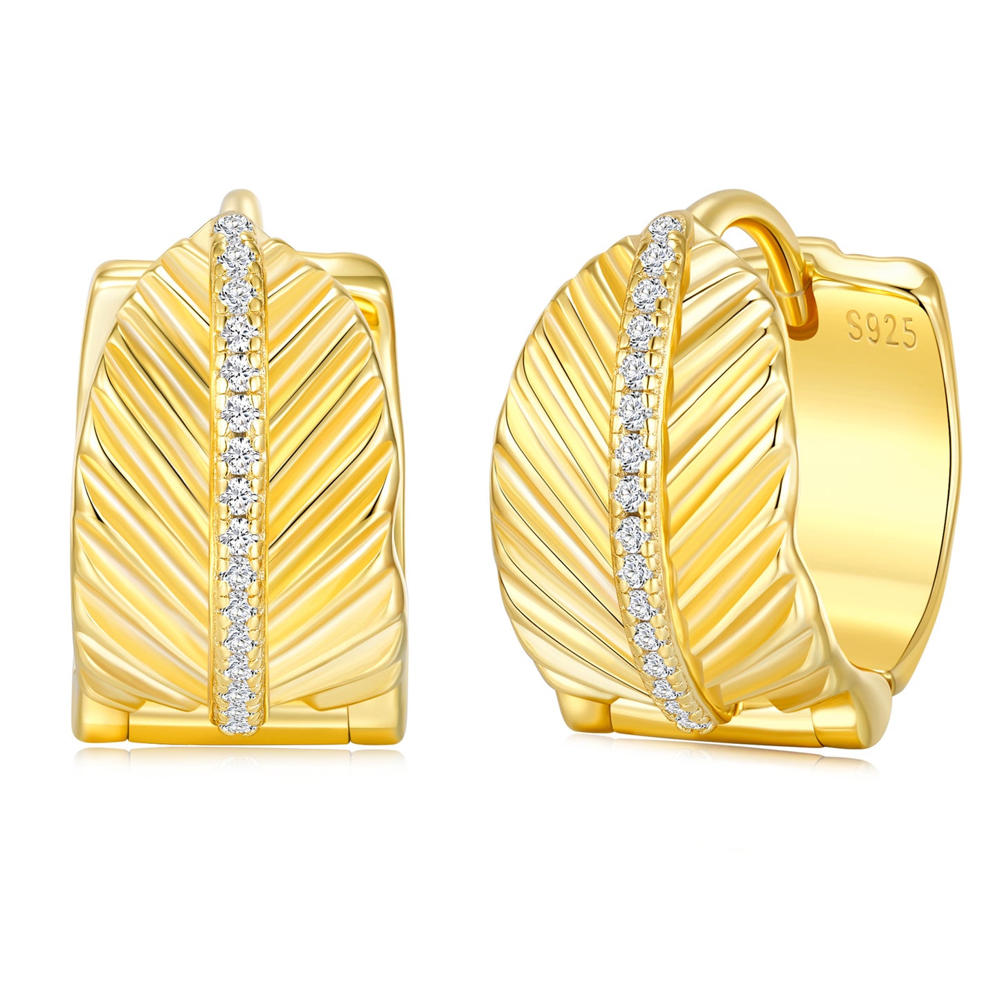 Vintage Leaf Feather Open C-Hoop Earrings S925 Silver with Moissanite