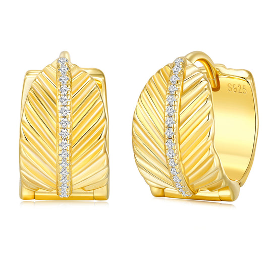 Vintage Leaf Feather Open C-Hoop Earrings S925 Silver with Moissanite