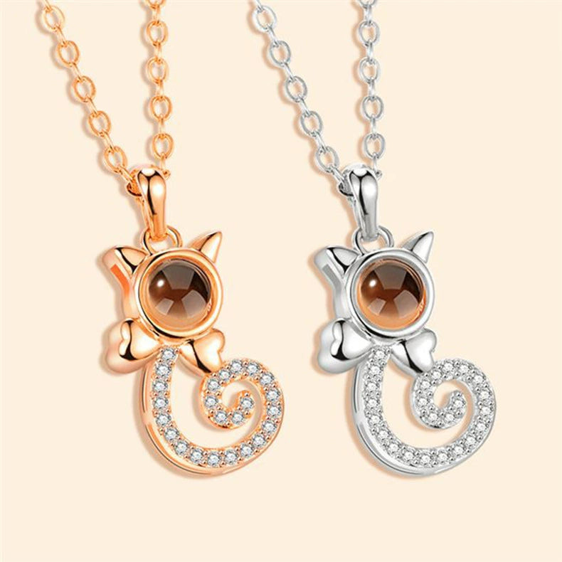S925 Silver Cat Projection Necklace - 100 Languages "I Love You" Cartoon Pendant