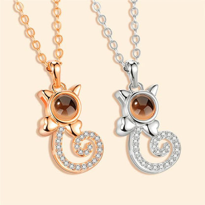 S925 Silver Cat Projection Necklace - 100 Languages "I Love You" Cartoon Pendant