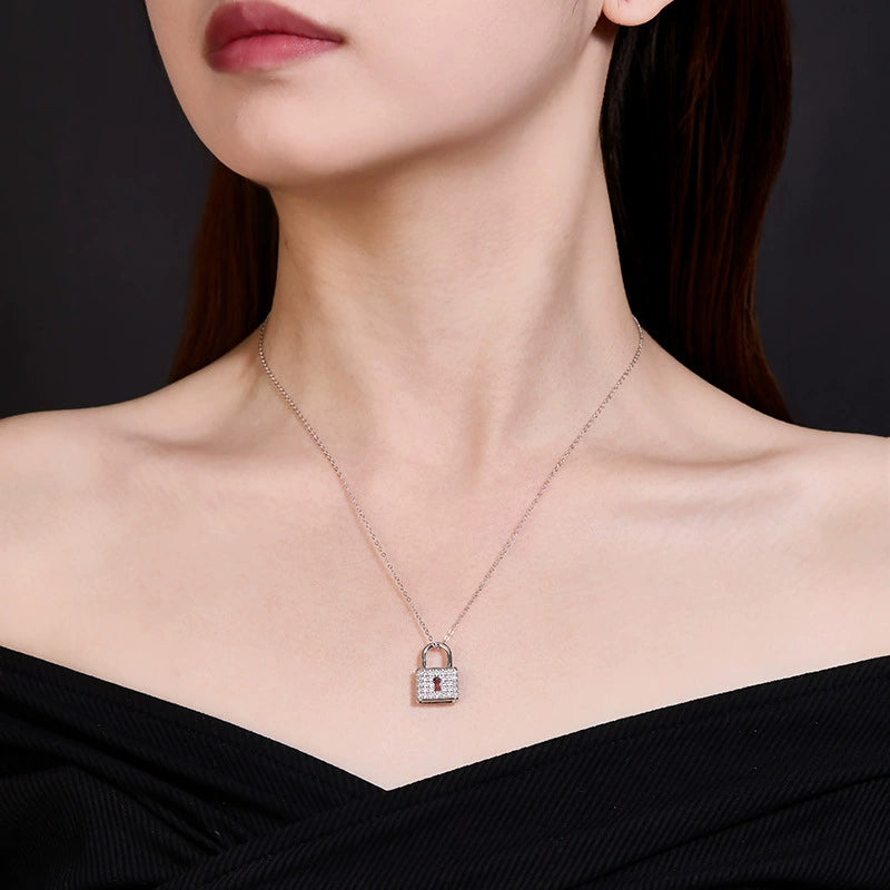 925 Silver Moissanite Lock Necklace for Women - Dainty Micro-Inlaid Pendant for Wedding & Daily Wear