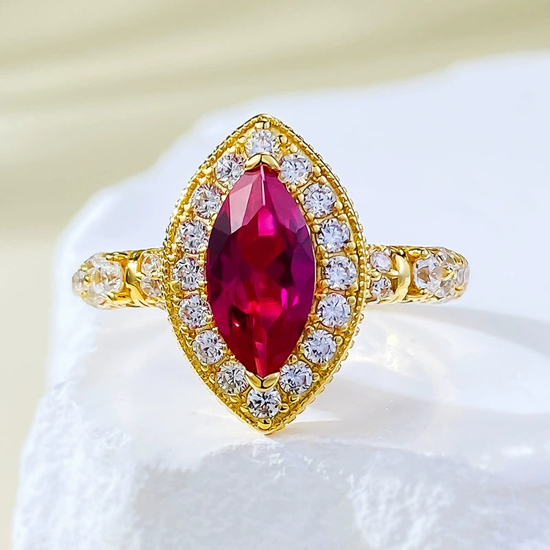 925 Sterling Silver Gold Plated Vintage Pigeon Blood Corundum Ring (5x10mm Marquise)