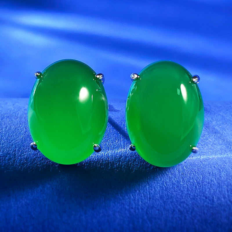 925 Silver Earrings with Full Diamond Inlay, 12*16 Simulated Chalcedony, Luxury Design