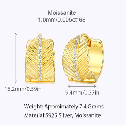 Vintage Leaf Feather Open C-Hoop Earrings S925 Silver with Moissanite